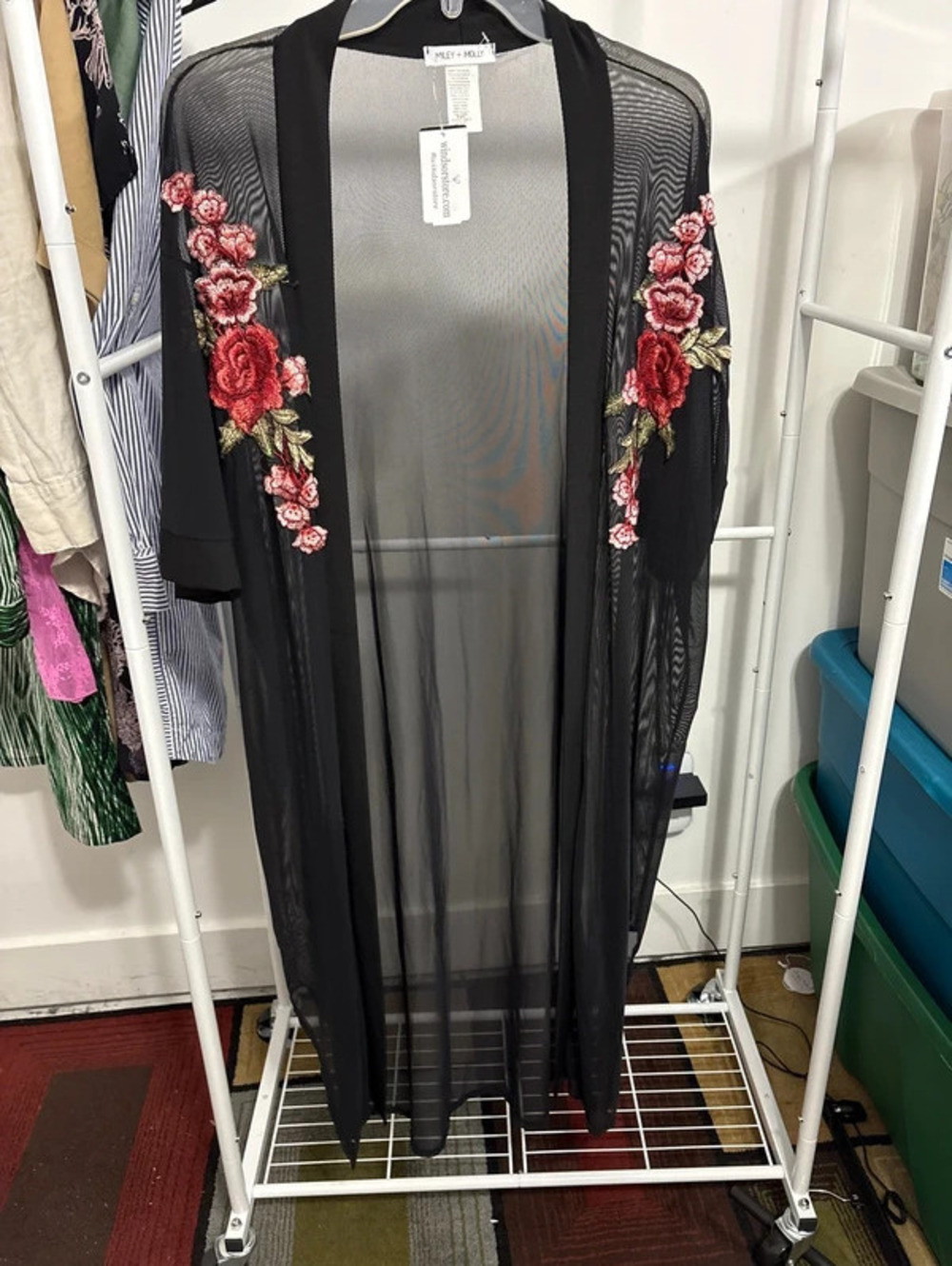 Vintage Black Sheer Mesh Floral Embroidered Duster Kimono Cardigan - Size S